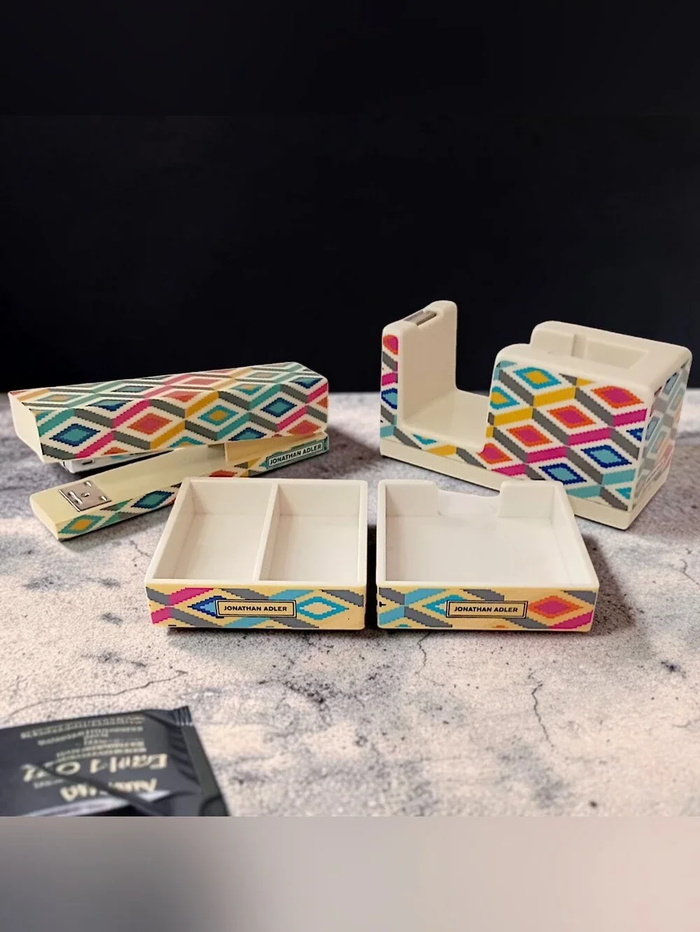Vintage Jonathan Adler Desk Set Organizer Tape Dispenser Stapler Memo Tray 4‎ Pc